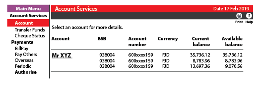 Screenshot of account list in online banking