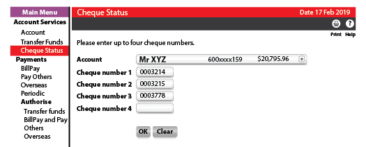 Screenshot of cheque status in online banking