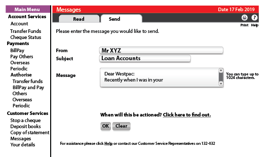 Screenshot of sending a message in online banking
