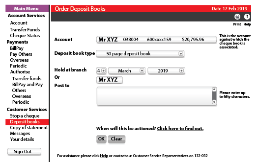 Screenshot of ordering deposit books in online banking
