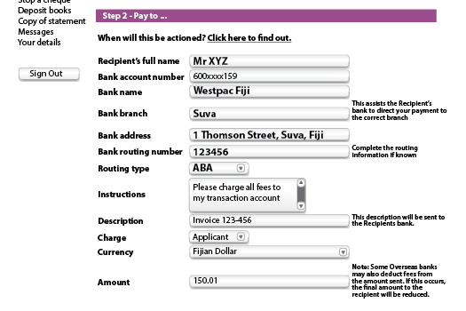 Screenshot of step 2 of making an overseas payment in online banking