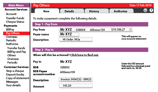 Screenshot of paying others in online banking