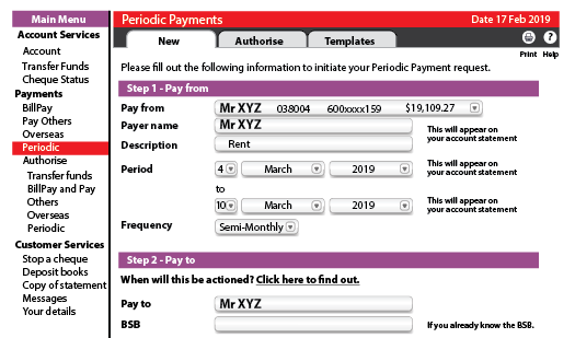 Screenshot of making a periodic payment in online banking