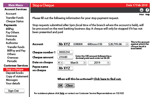 Screenshot of stopping a cheque in online banking