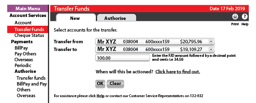 Screenshot of a funds transfer  in online banking