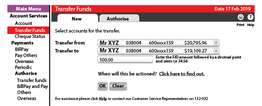 Screenshot of a funds transfer in online banking